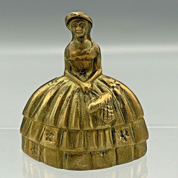 Vintage Brass Bell Southern Belle Lady Holding Basket of Flowers Crinoline Dress - Picture 2 of 9